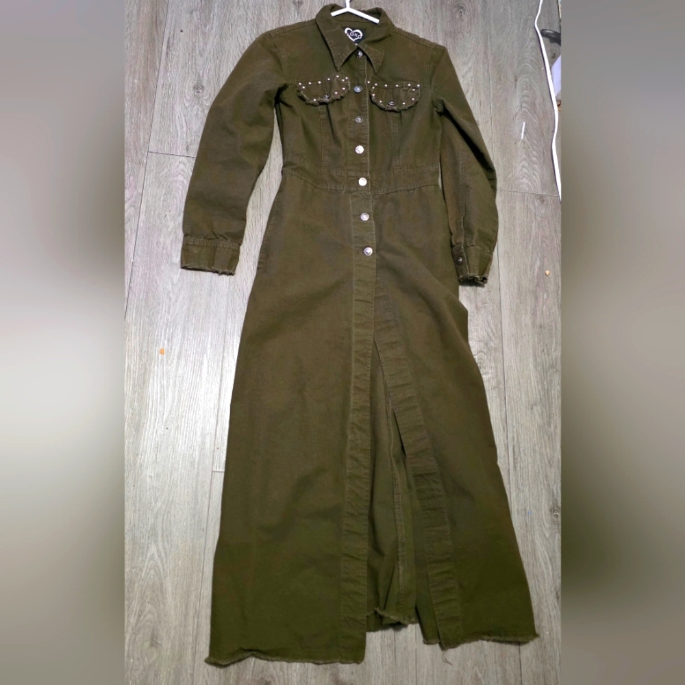 XOXO Y2K Long Army Green Jacket/Coat Womans Sz Small Distressed XOXO Jeans
